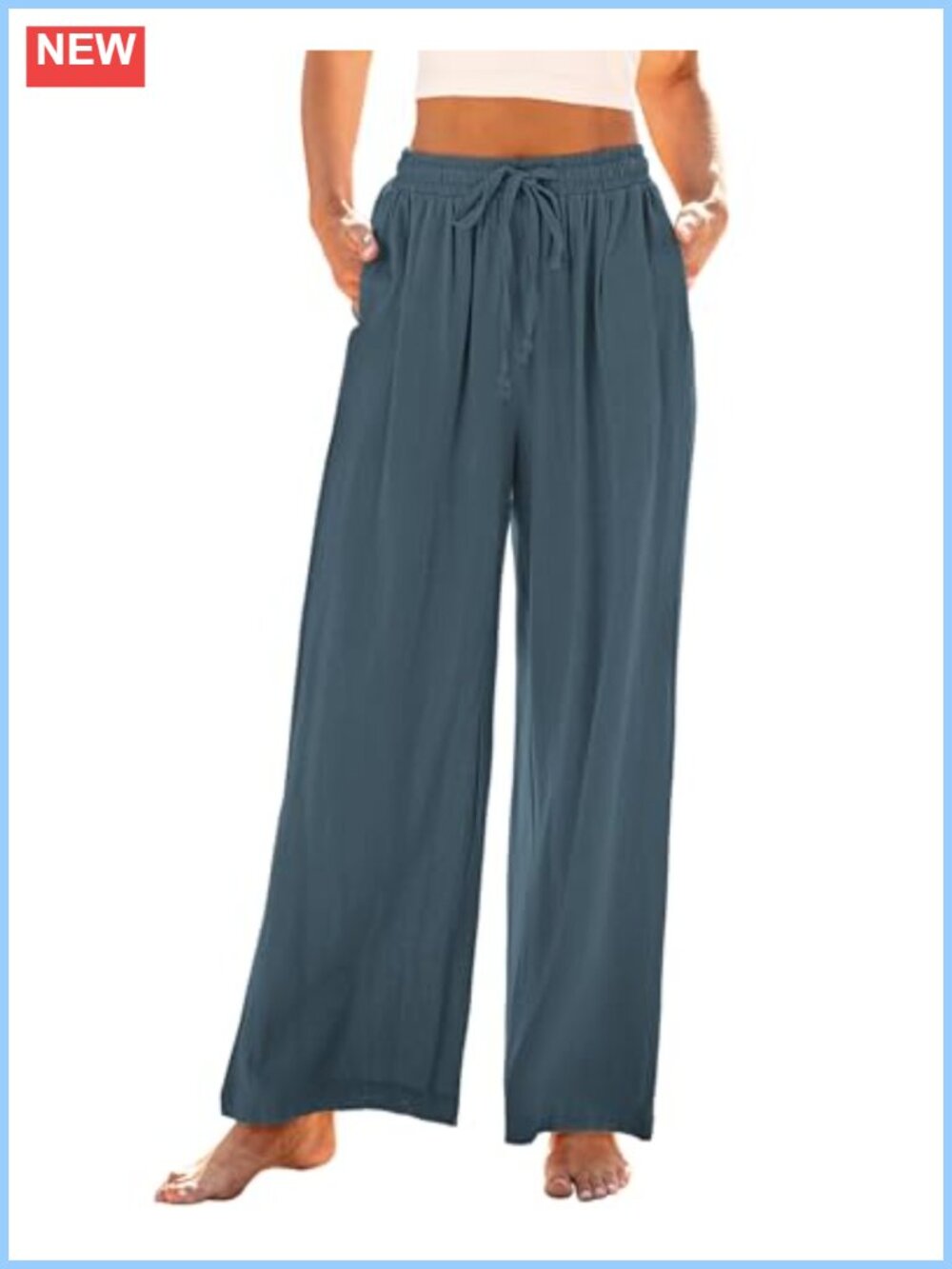 Wide Leg Linen Pants High Waisted Drawstring Flowy Casual Palazzo Trousers